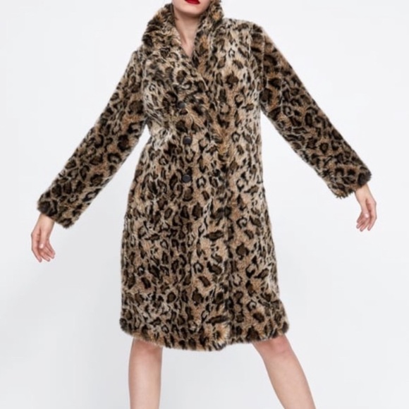 Zara Leopard Coat Long Double Breasted Medium - Picture 1 of 5